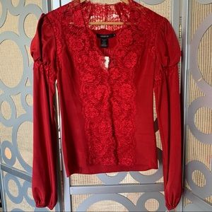 Satin Red Blouse w Puffy Sleeves and Lace Details
